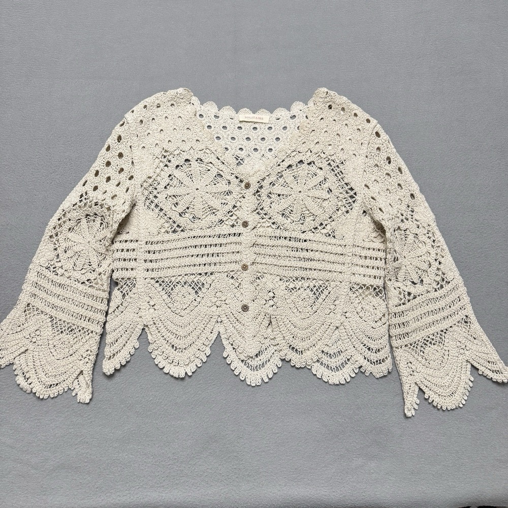 Solitaire Crochet Lace Cardigan Womens M Cream Boho Festival Cottagecore Coastal